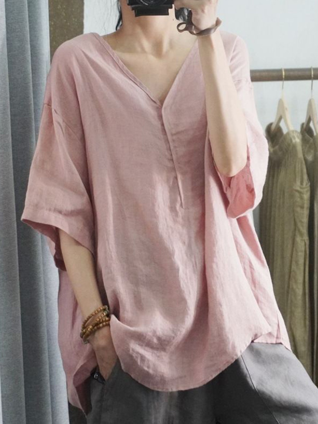

StyleCast Women Solid V-Neck Linen Top, Pink
