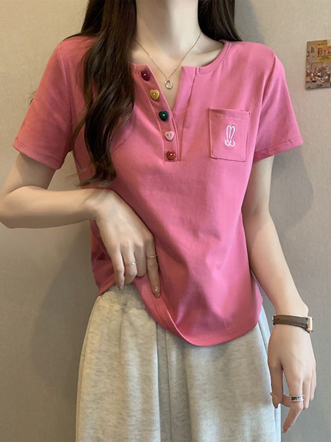

StyleCast Women Solid Pocket Detailing Round Neck Polyester Top, Pink