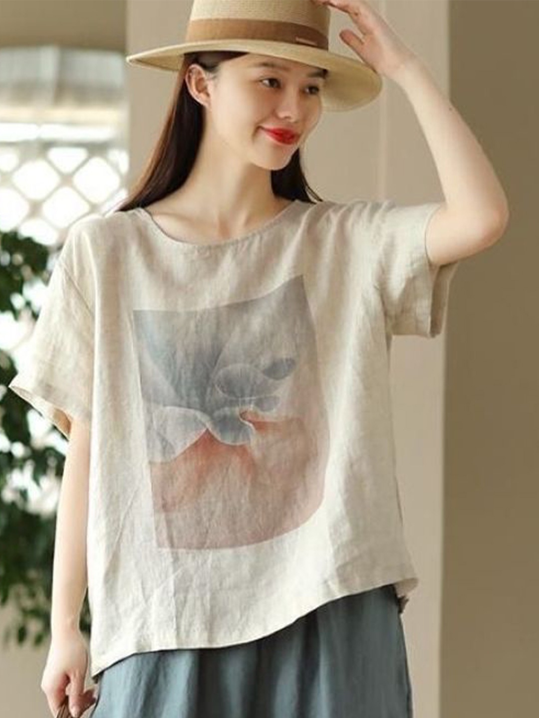 

StyleCast Print Extended Sleeves Cotton Boxy Top, Beige