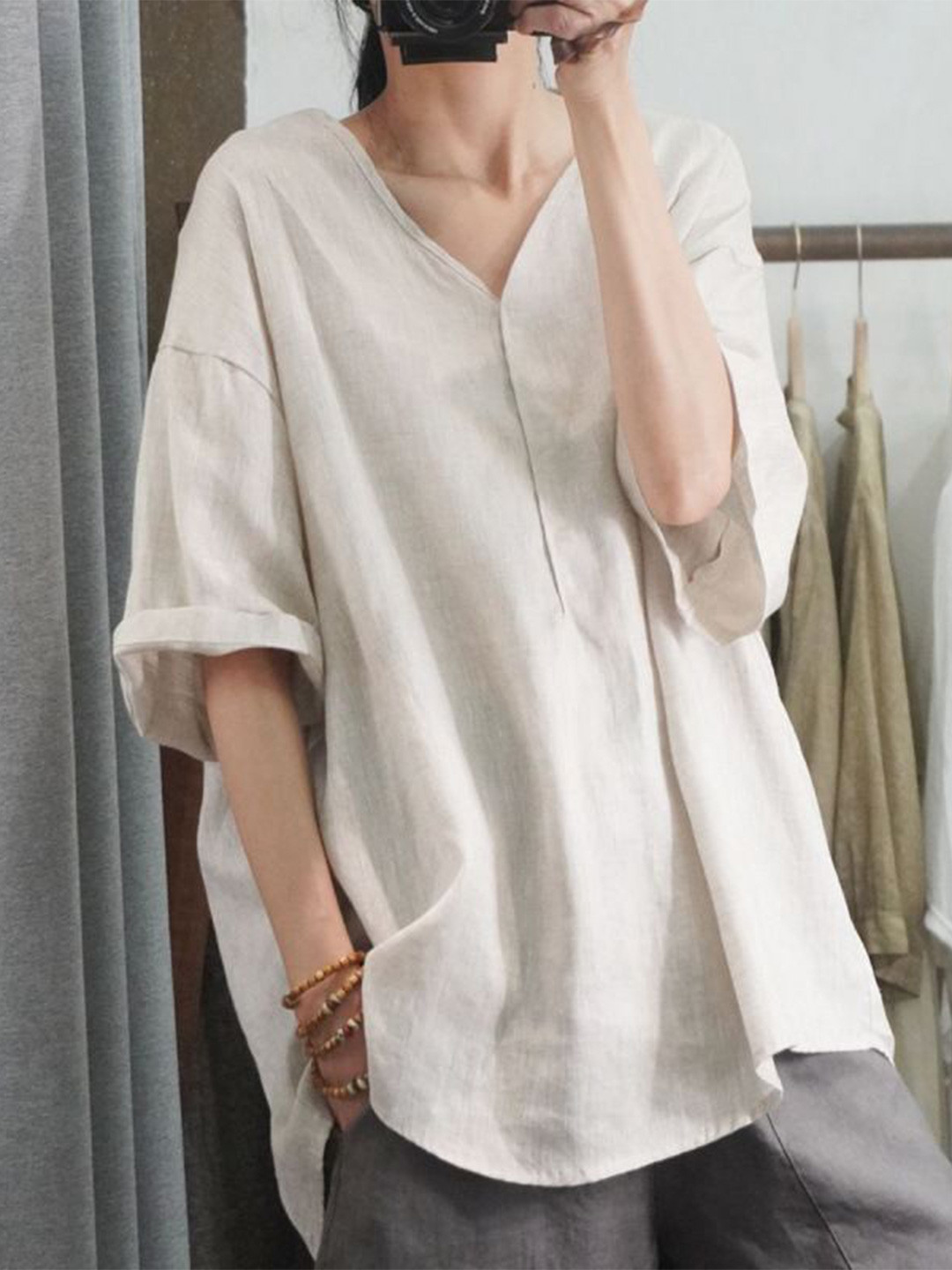 

StyleCast Extended Sleeves Linen Top, Beige