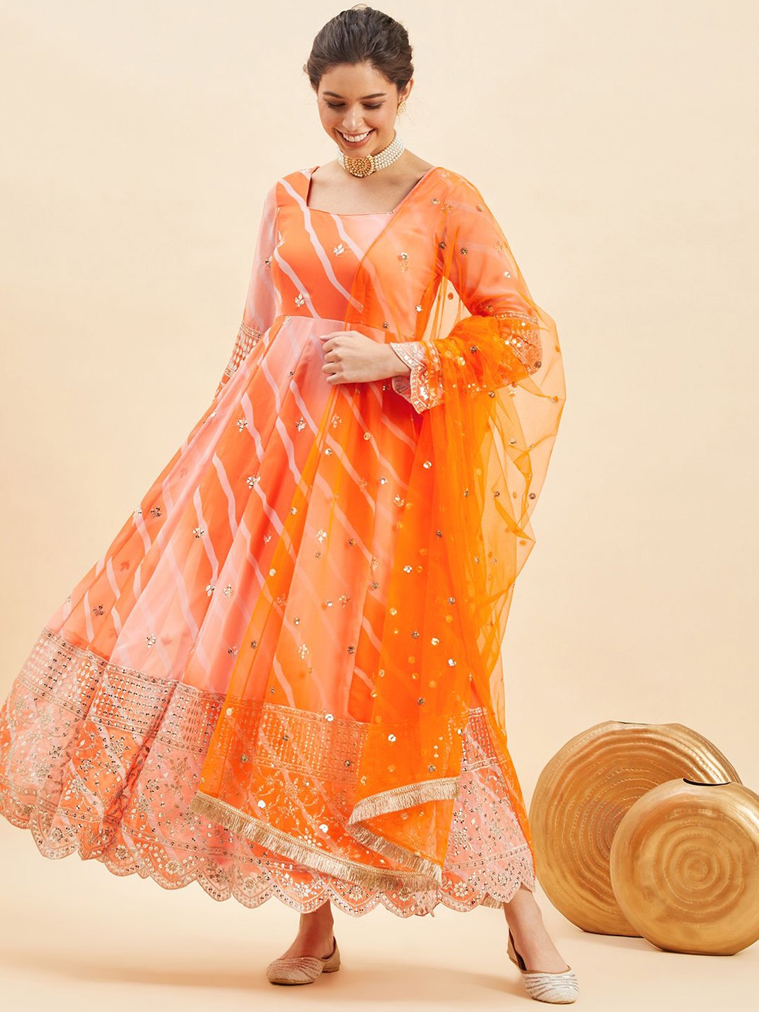 

PANIT Embroidered Flared Maxi Ethnic Dress With dupatta, Orange