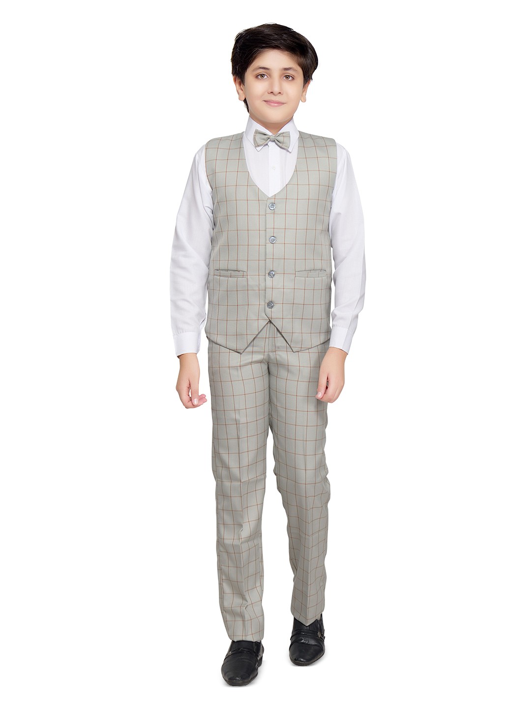 

BAESD Boys Checked Single-Breasted Shawl Collar 3 Piece Suit, Grey