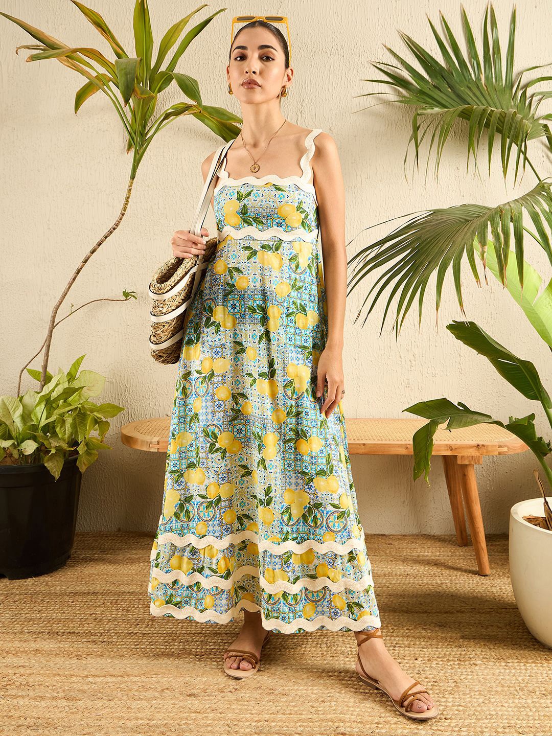 

Uptownie Printed Cotton Ric-Rac Dress, Yellow