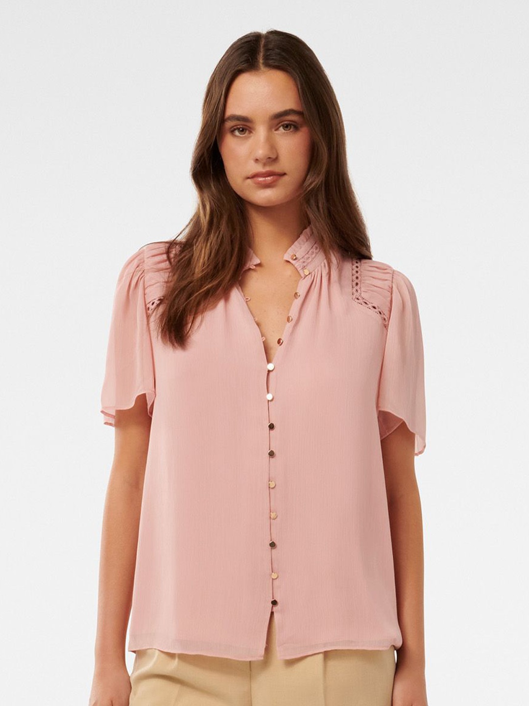 

Forever New Women Mandarin Collar Flutter Sleeve Top, Pink