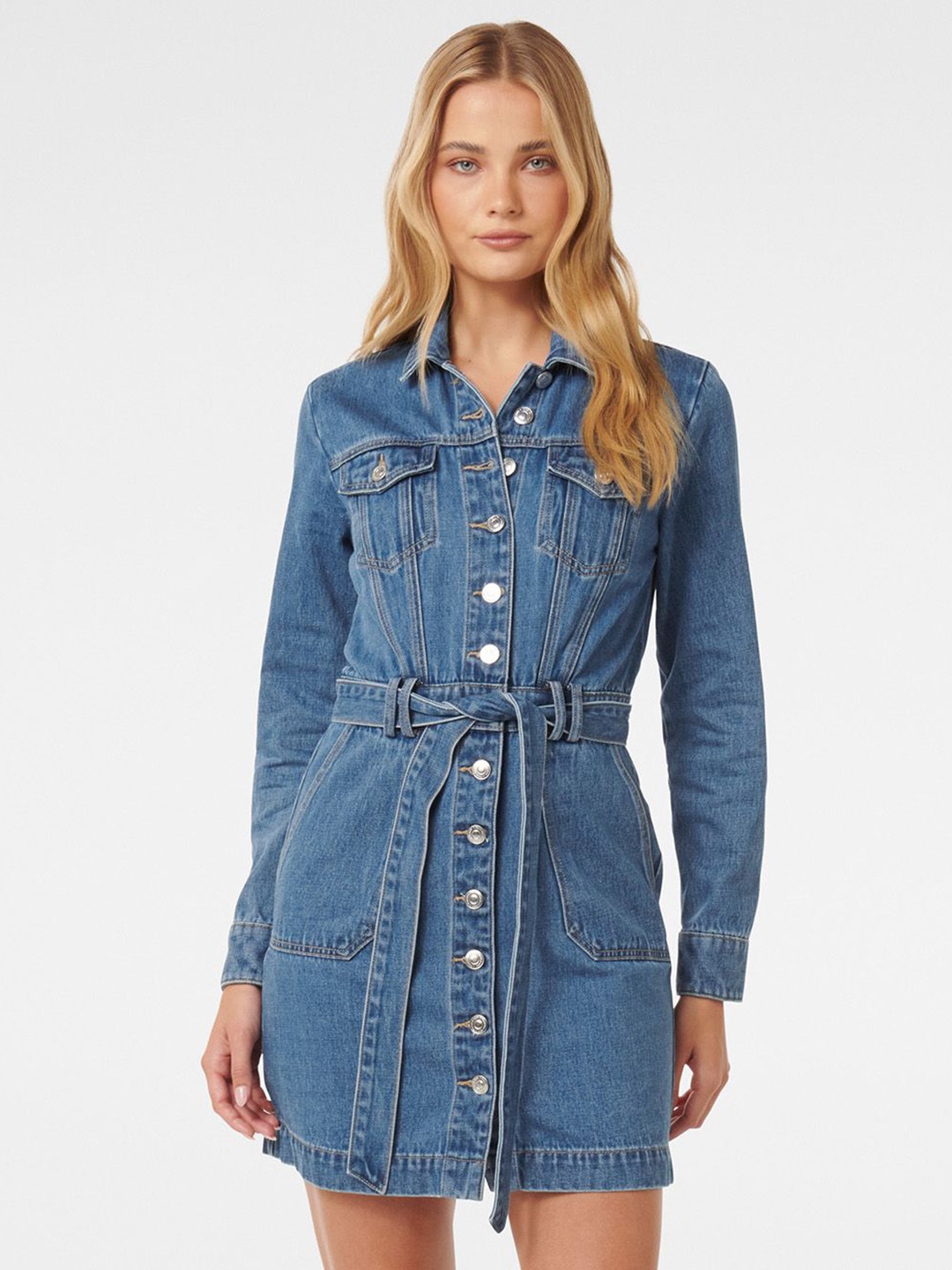 

Forever New Women Denim Shirt Dress, Navy blue