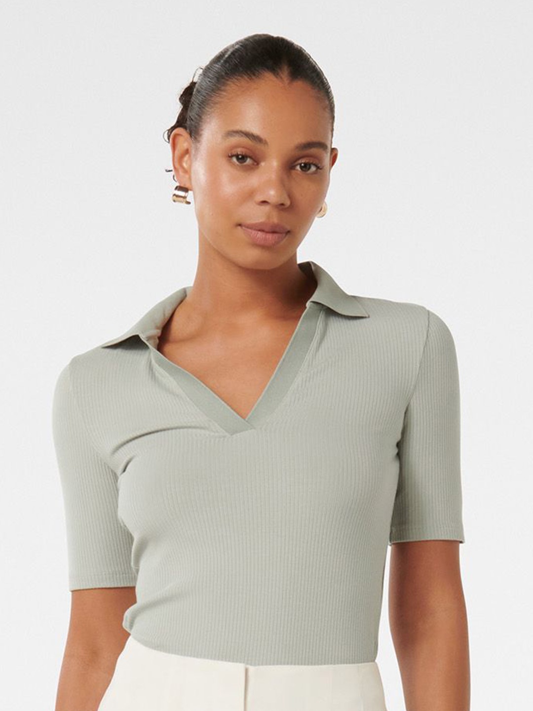 

Forever New Women Polo V-Neck Short Sleeves Casual Top, Grey