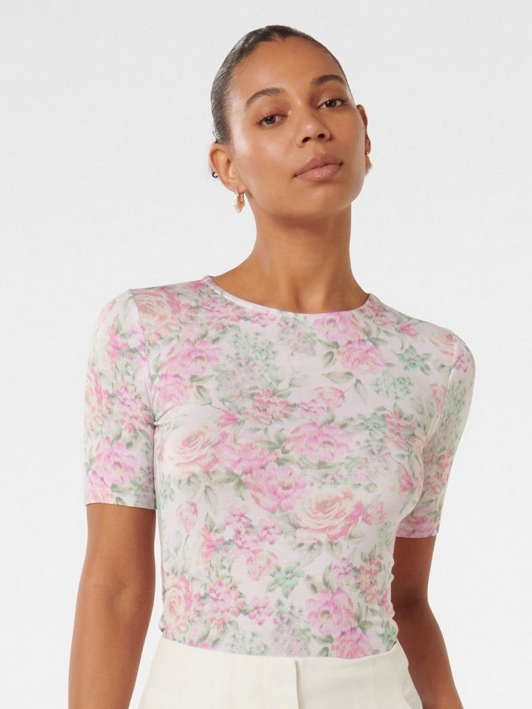 

Forever New Women Floral Printed Round Neck Slim Fit T-Shirt, White