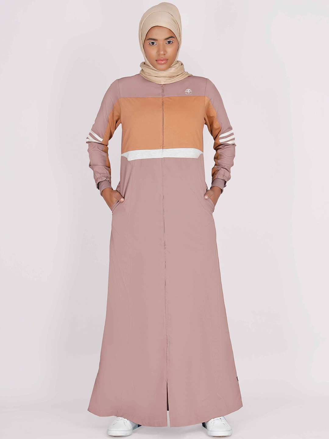 

IDH London Colorblocked Striper Sleeves Burqa & Scarf, Brown
