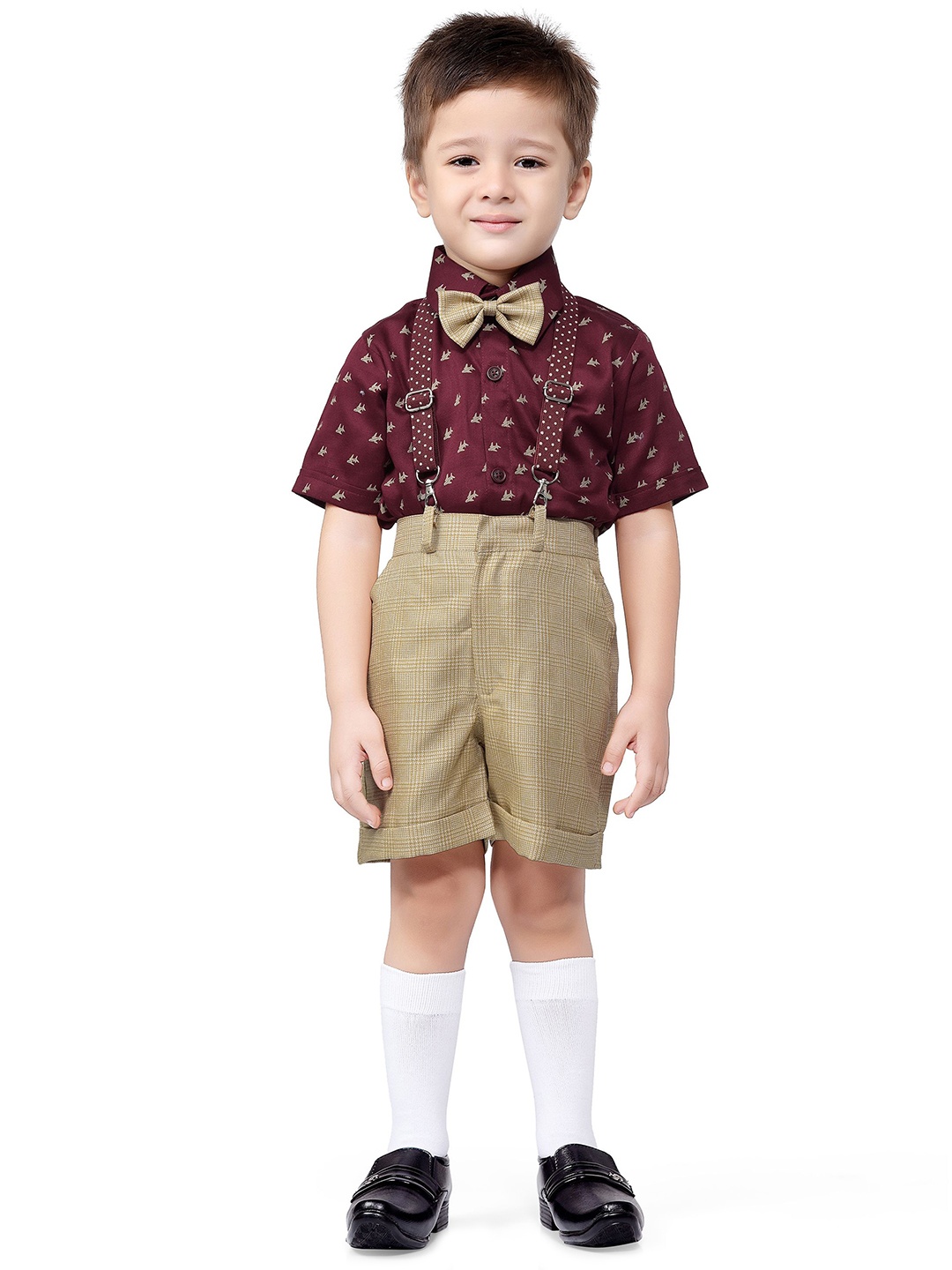 

BAESD Boys Printed Shirt with Shorts & Suspenders, Beige