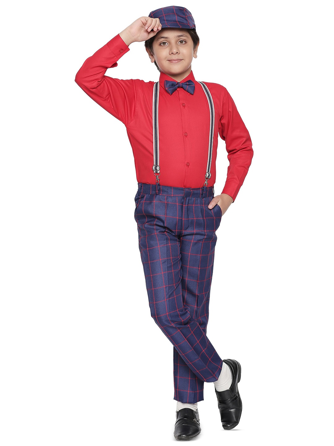 

BAESD Boys Shirt with Checked Trousers Suspenders Cap & Bow, Navy blue