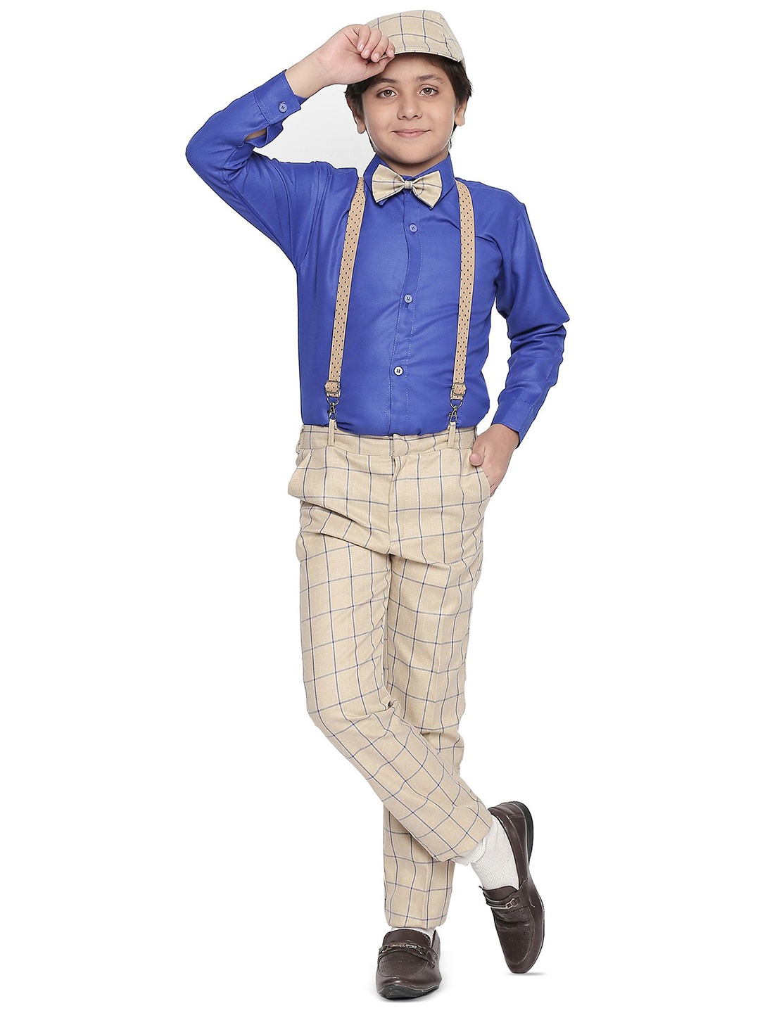 

BAESD Boys Shirt with Checked Trousers Suspenders Cap & Bow, Beige
