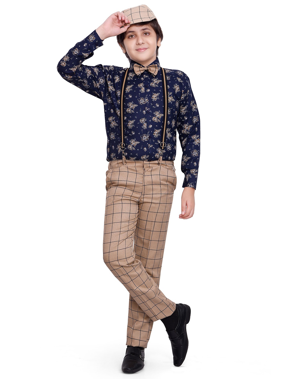 

BAESD Boys Printed Shirt with Checked Trousers Suspenders Cap & Bow, Beige