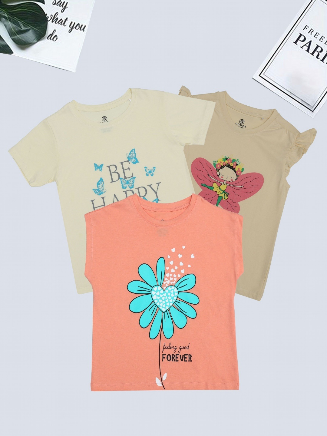 

BAESD Girls Pack Of 3 Graphic Printed Round Neck Cotton T-Shirt, Peach