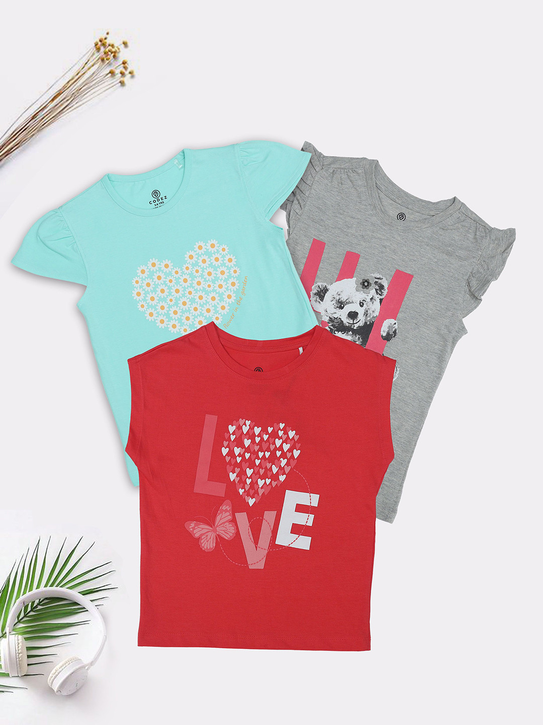 

BAESD Girls Pack Of 3 Graphic Printed Round Neck Cotton T-Shirt, Blue