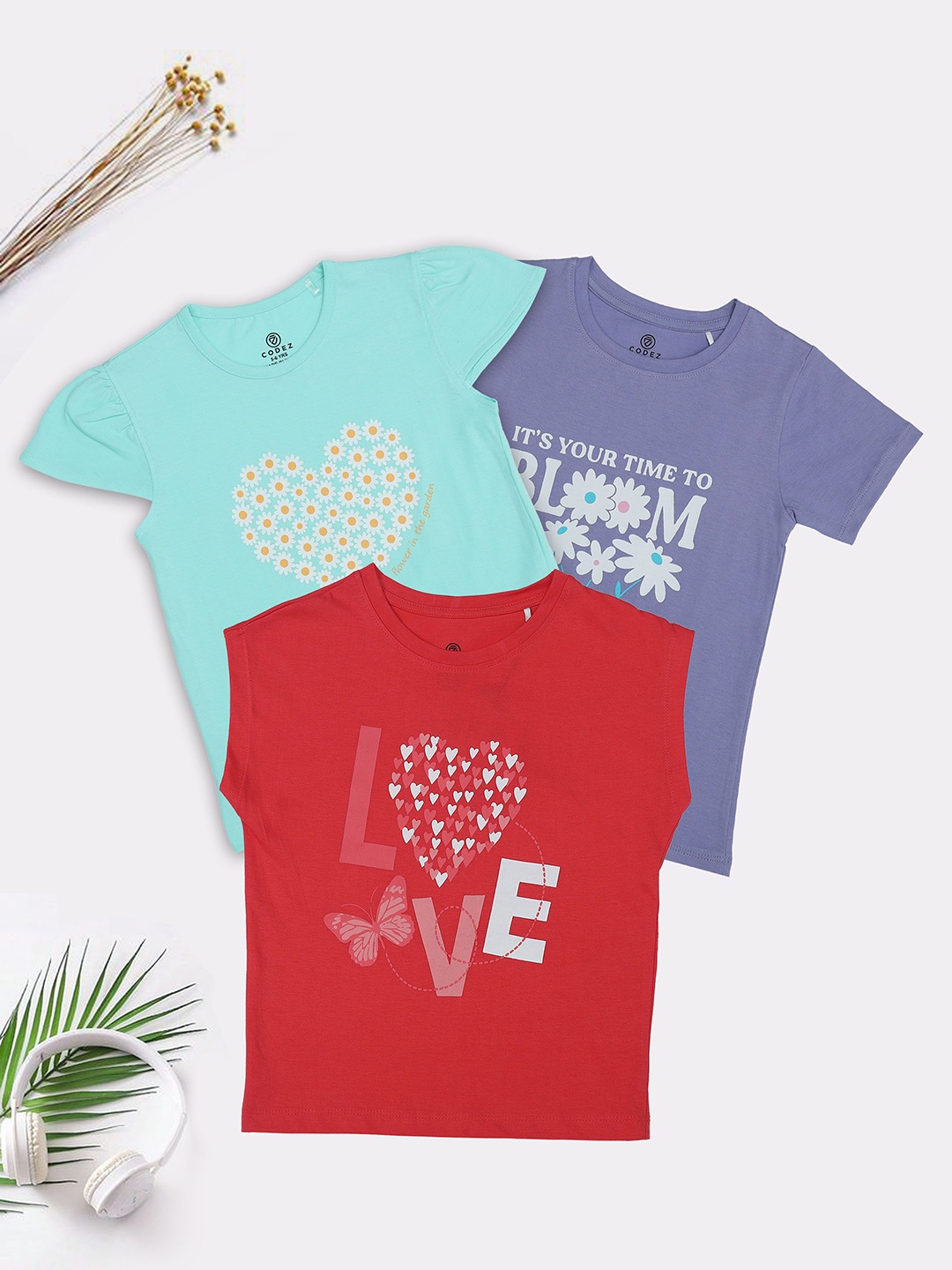

BAESD Girls Pack Of 3 Graphic Printed Round Neck Cotton T-Shirt, Blue