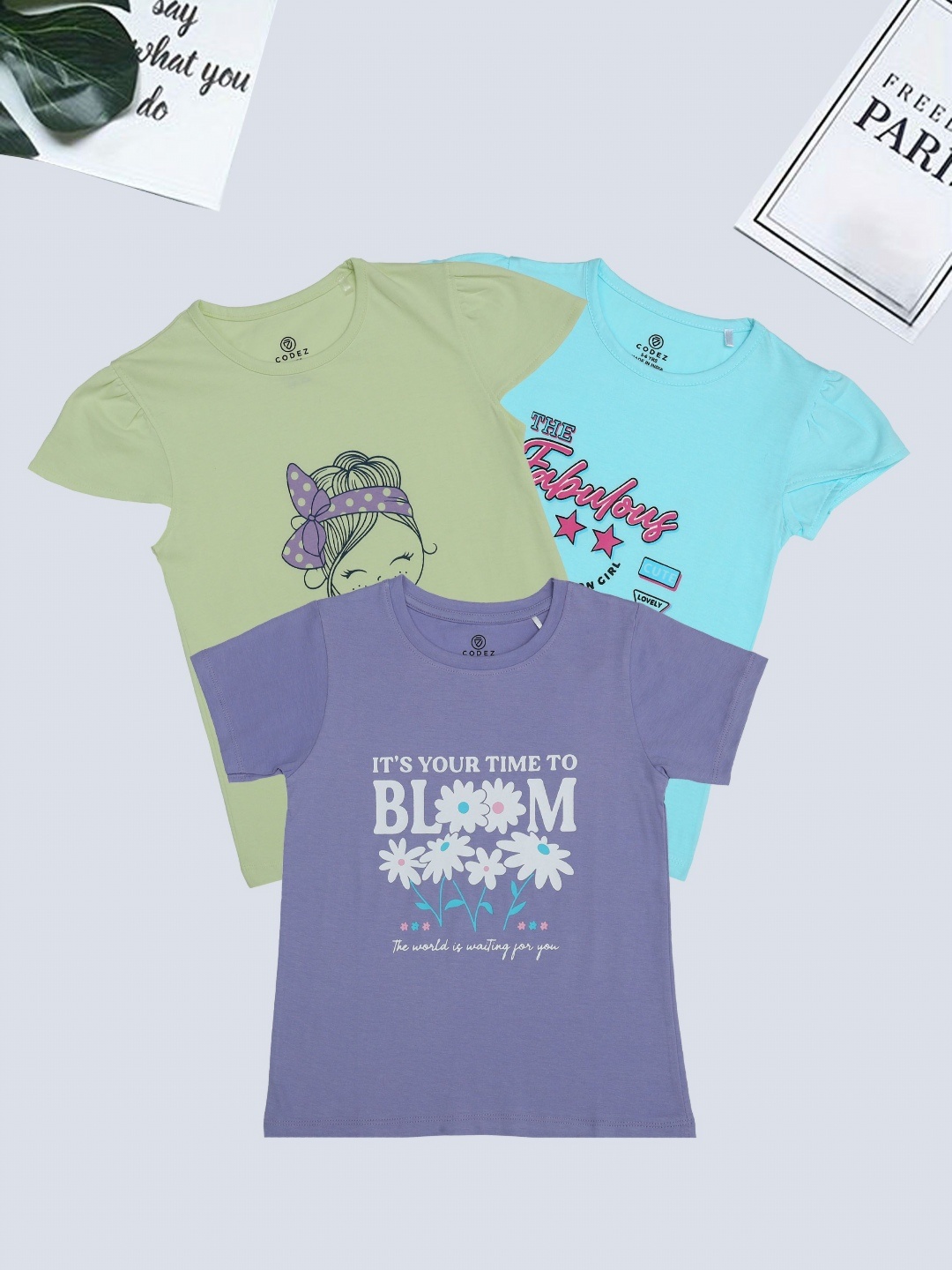 

BAESD Girls Pack Of 3 Graphic Printed Round Neck Cotton T-Shirt, Purple