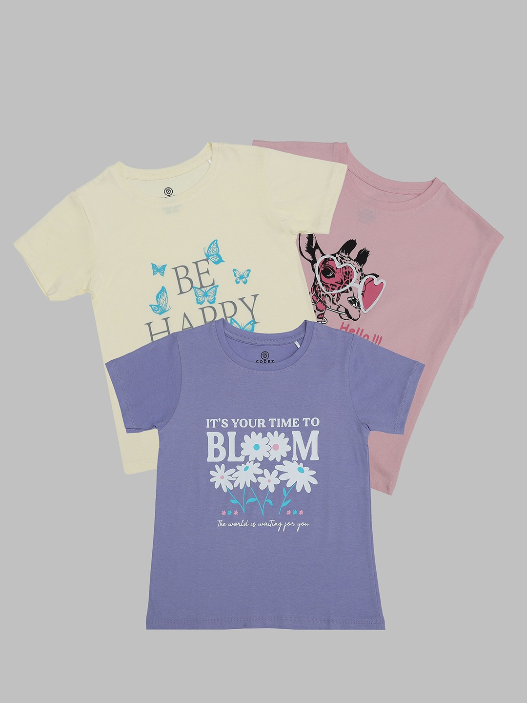 

BAESD Girls Pack Of 3 Graphic Printed Round Neck Cotton T-Shirt, Yellow