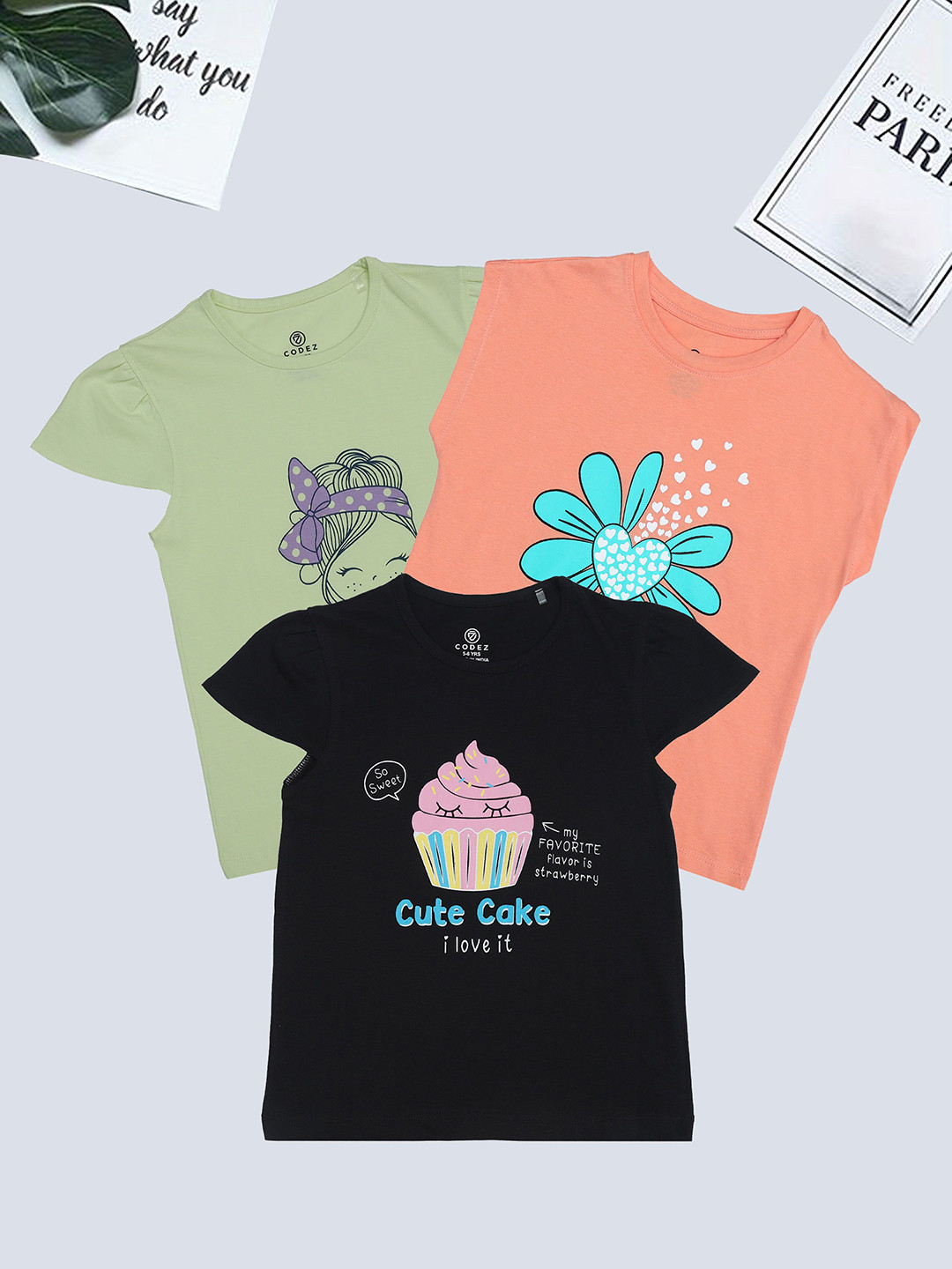 

BAESD Girls Pack Of 3 Graphic Printed Round Neck Cotton T-Shirt, Black