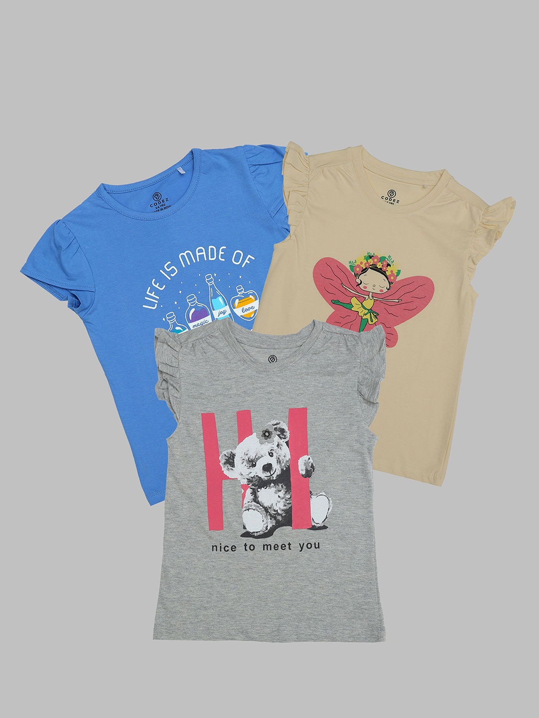 

BAESD Girls Pack Of 3 Graphic Printed Round Neck Cotton T-Shirt, Blue
