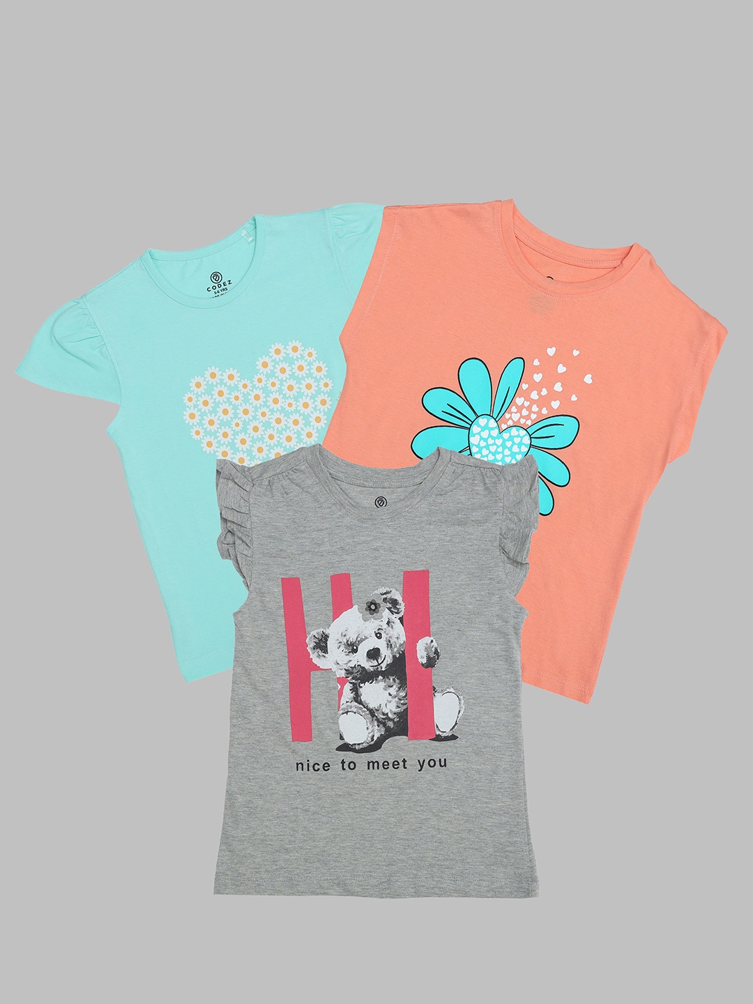 

BAESD Girls Pack Of 3 Graphic Printed Round Neck Cotton T-Shirt, Grey