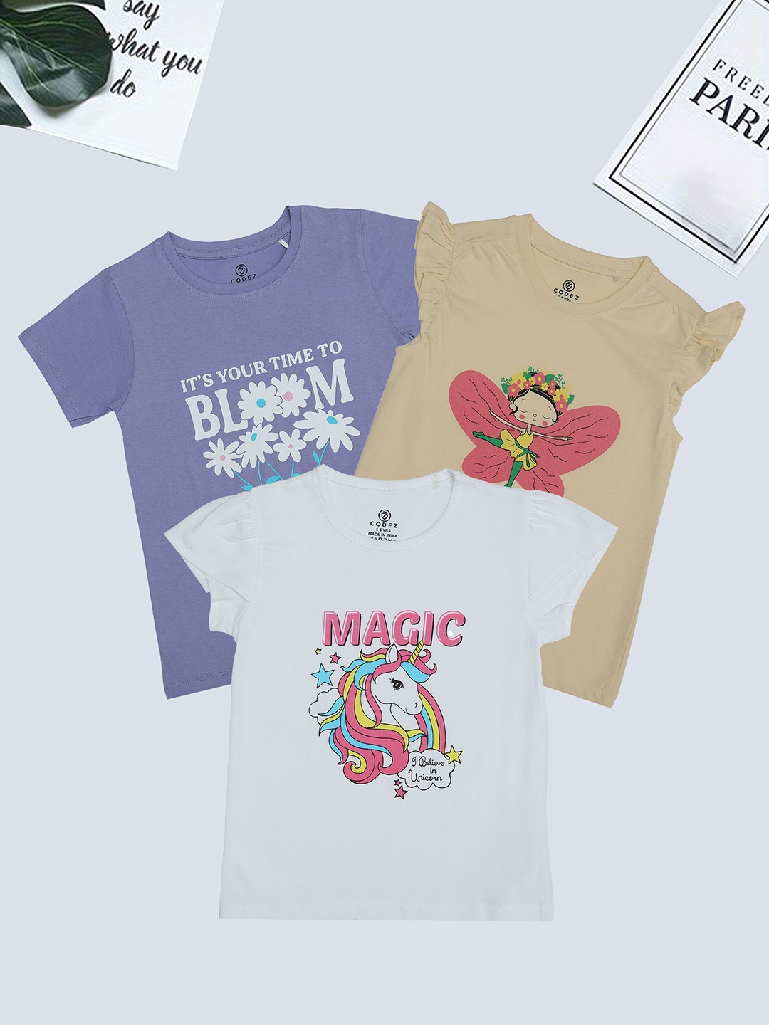 

BAESD Girls Pack Of 3 Graphic Printed Round Neck Cotton T-Shirt, Purple