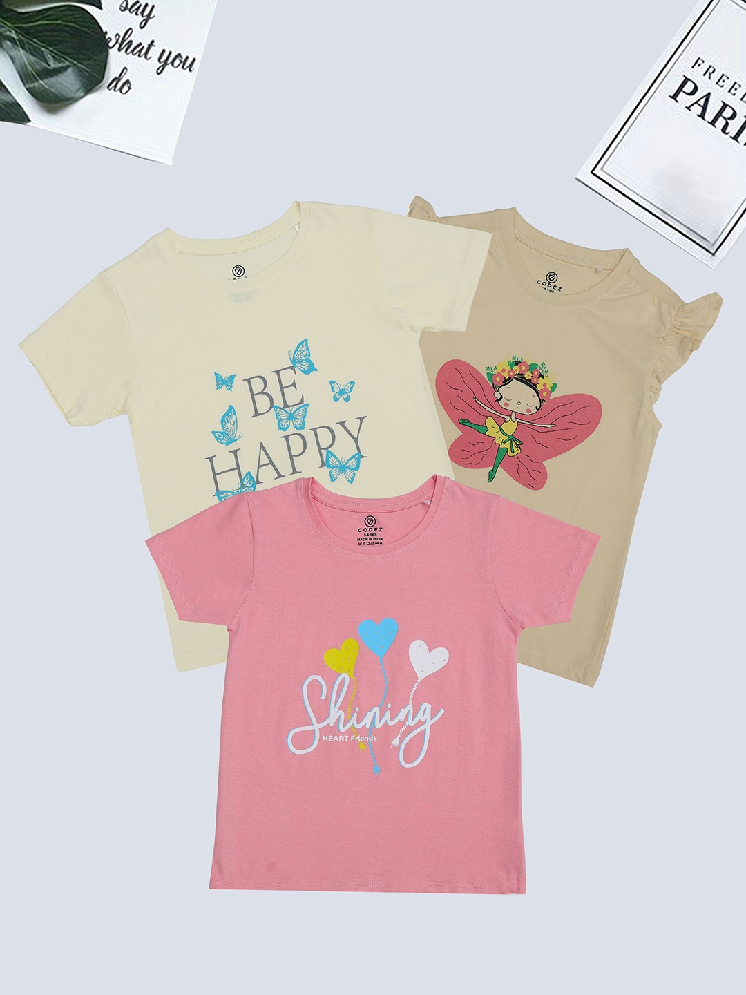 

BAESD Girls Pack Of 3 Graphic Printed Round Neck Cotton T-Shirt, Cream