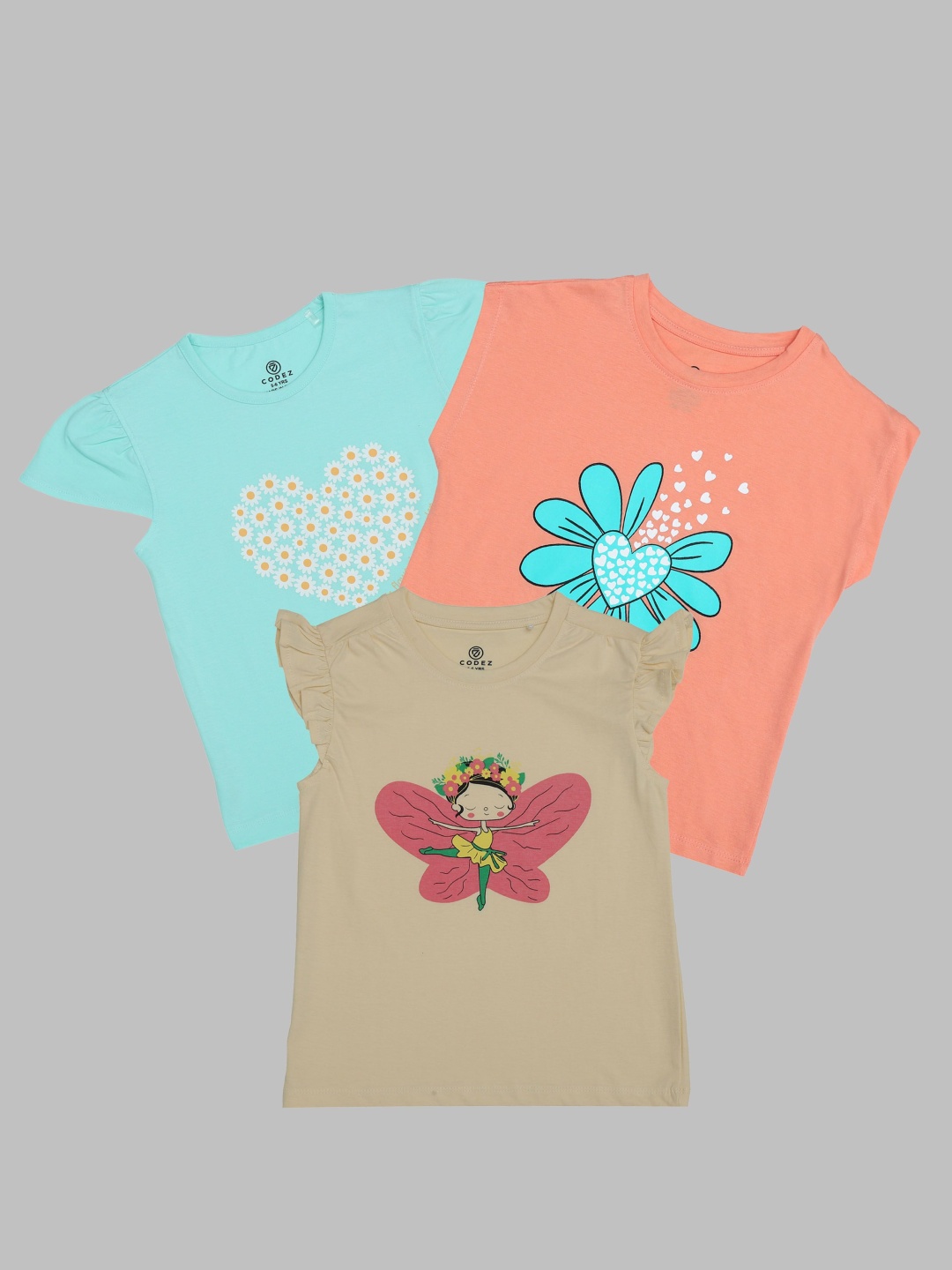 

BAESD Girls Pack Of 3 Floral Printed Round Neck Cotton T-Shirt, Blue