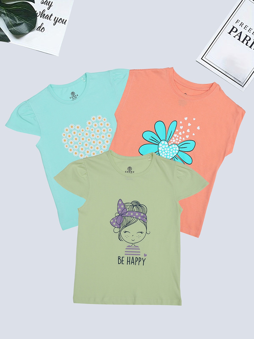 

BAESD Girls Floral 3 Printed V-Neck Applique T-shirt, Multi