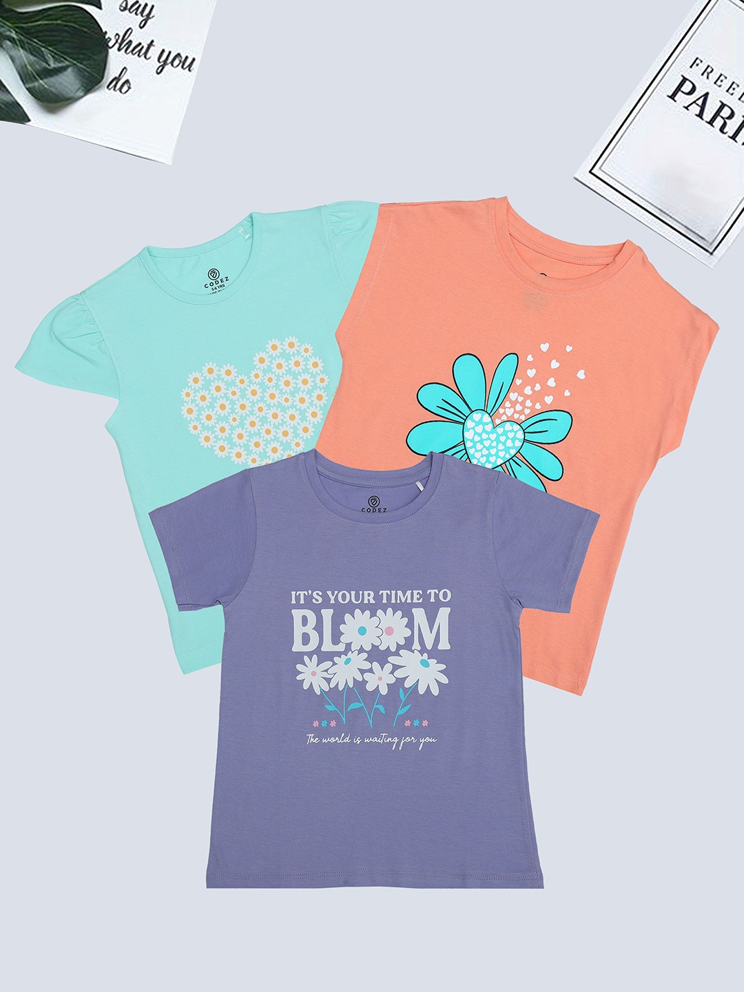 

BAESD Girls Pack Of 3 Graphic Printed Round Neck Cotton T-Shirt, Purple
