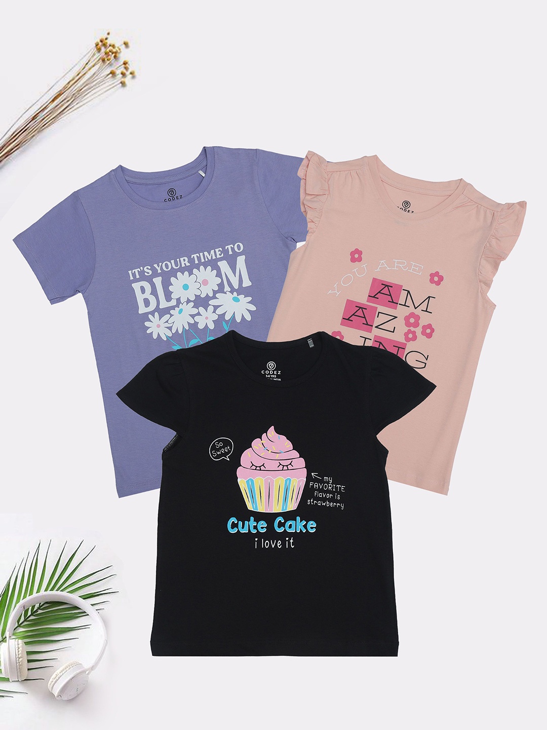 

BAESD Girls Pack Of 3 Graphic Printed Round Neck Cotton T-Shirt, Purple