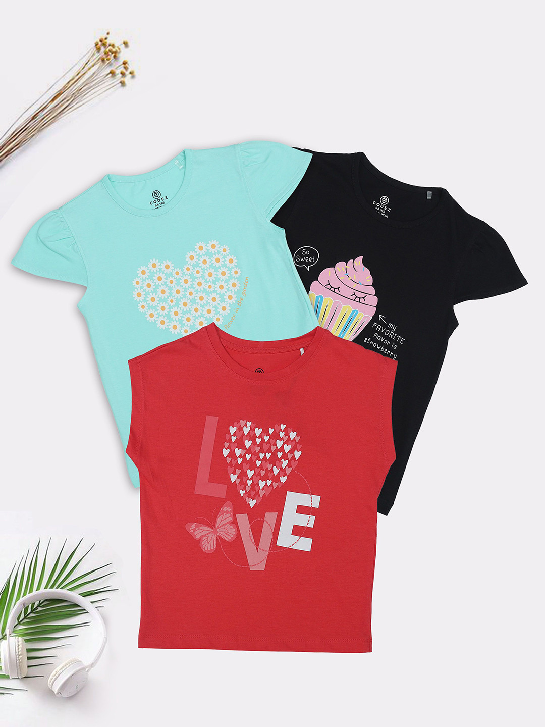 

BAESD Girls Pack Of 3 Graphic Printed Round Neck Cotton T-Shirt, Red