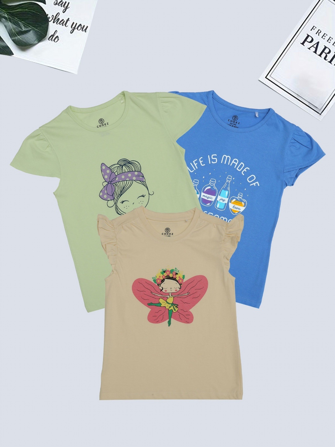 

BAESD Girls Pack Of 3 Graphic Printed Round Neck Cotton T-Shirt, Yellow