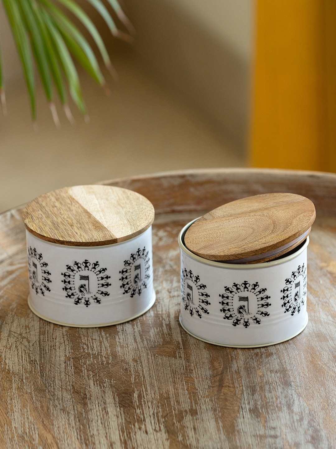 

ExclusiveLane 2 Pieces White & Black Printed Canister Containers