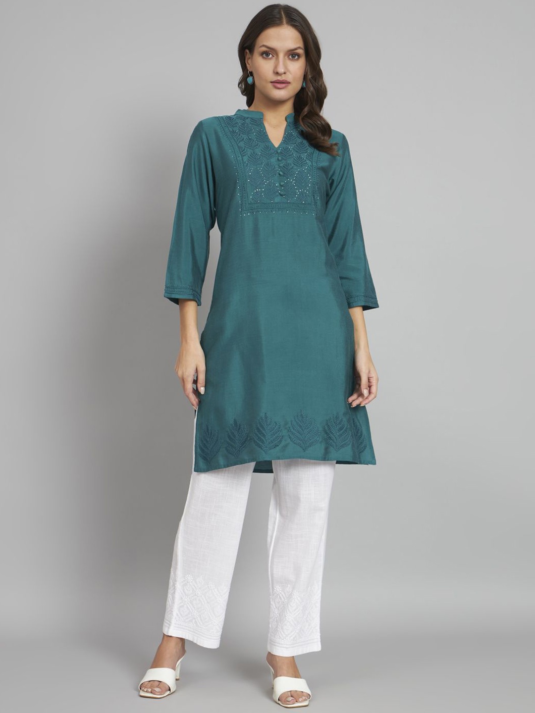 

akheri Mandarin Collar Thread Work Straight Kurta, Teal