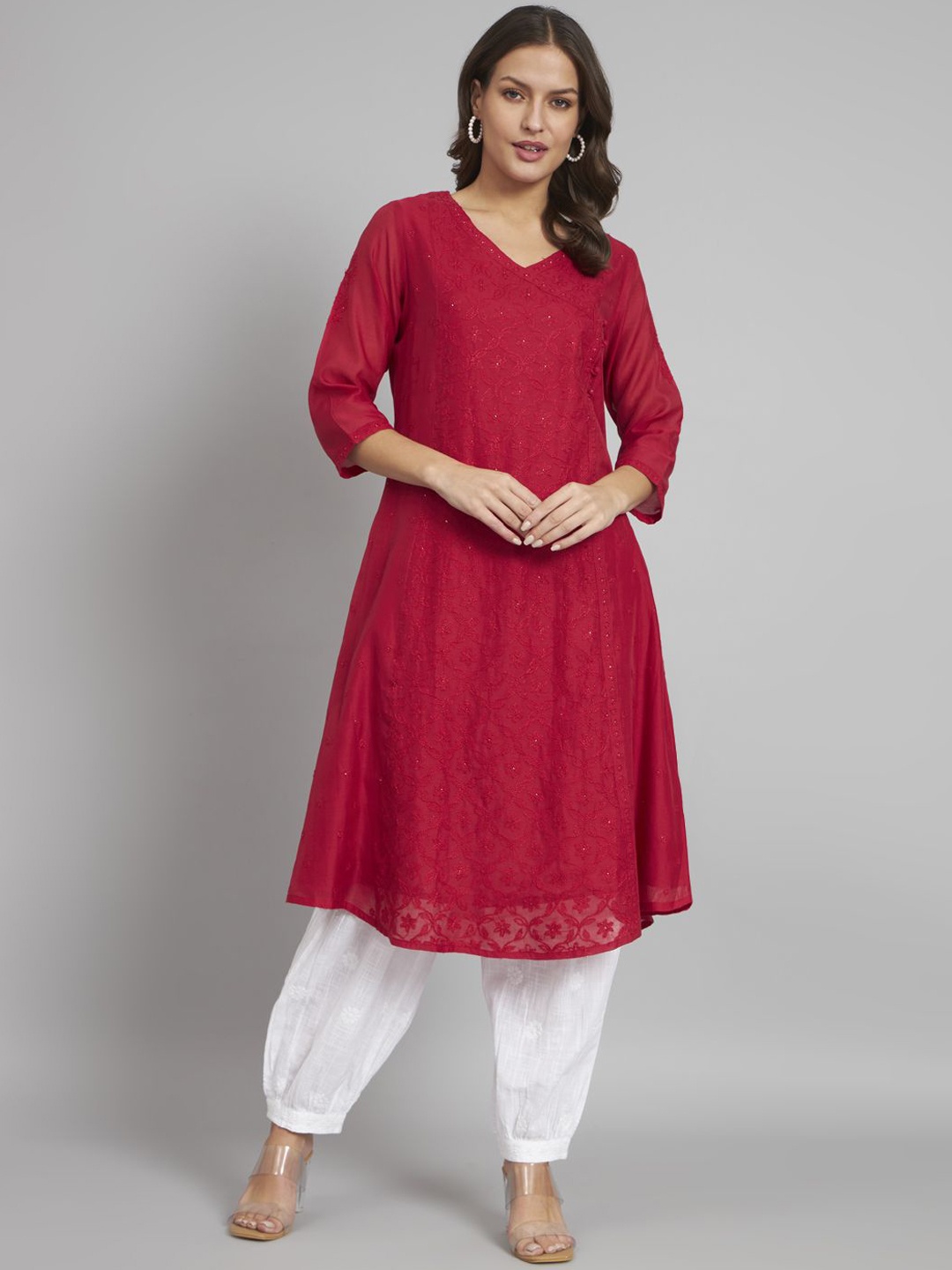 

akheri Floral Embroidered V-Neck Angrakha Chanderi Silk A-Line Kurta, Red