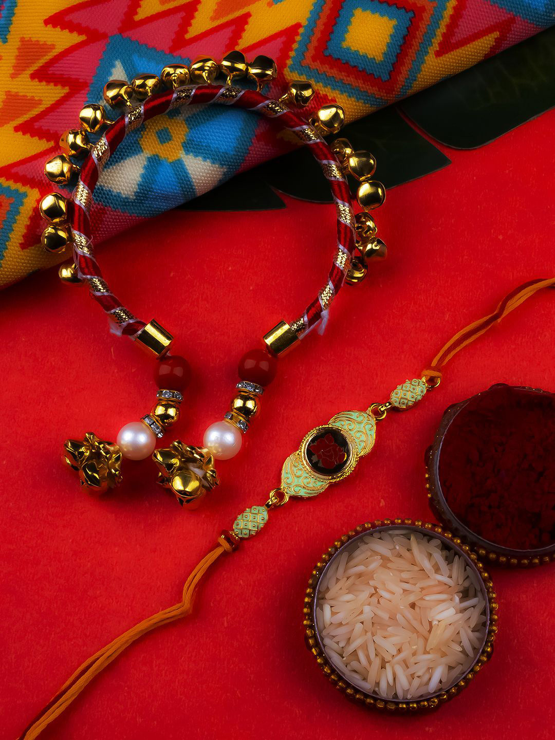 

StileAdda Beaded Thread Bhaiya Bhabhi Rakhis with Roli Chawal, Red