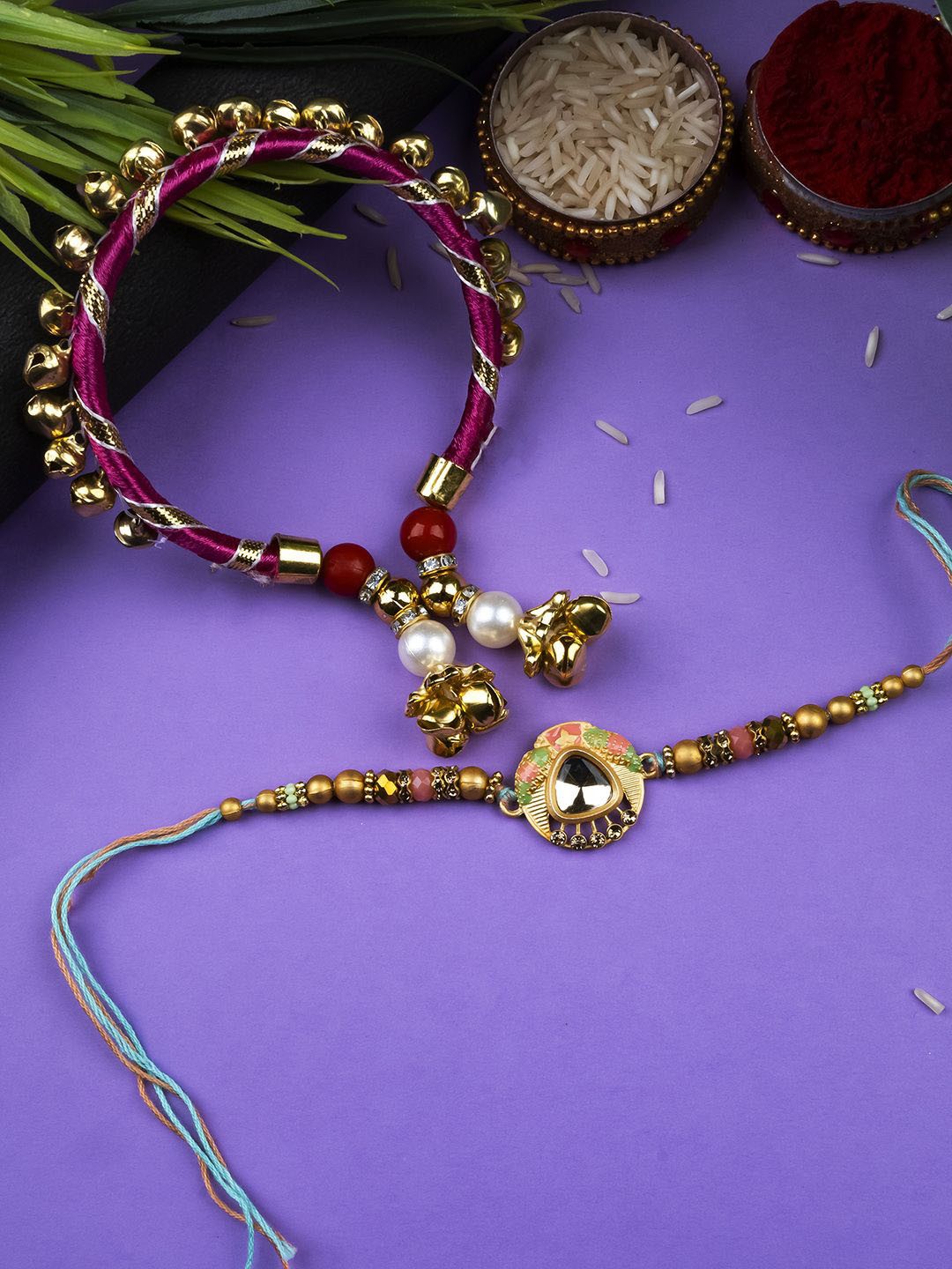 

StileAdda Beaded Thread Bhaiya Bhabhi Rakhis with Roli Chawal, Gold