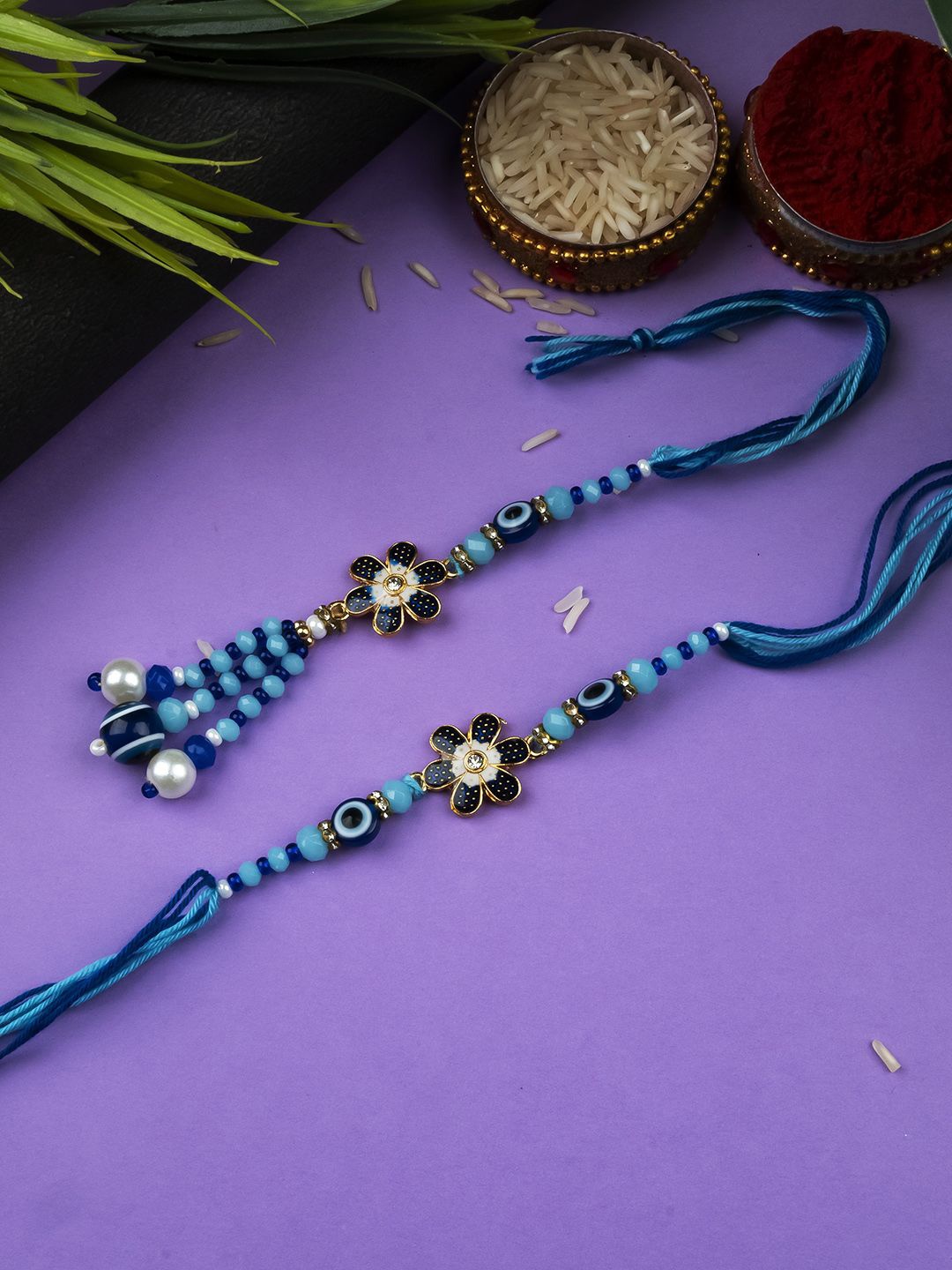 

StileAdda Beaded Thread Bhaiya Bhabhi Rakhis with Roli Chawal, Blue