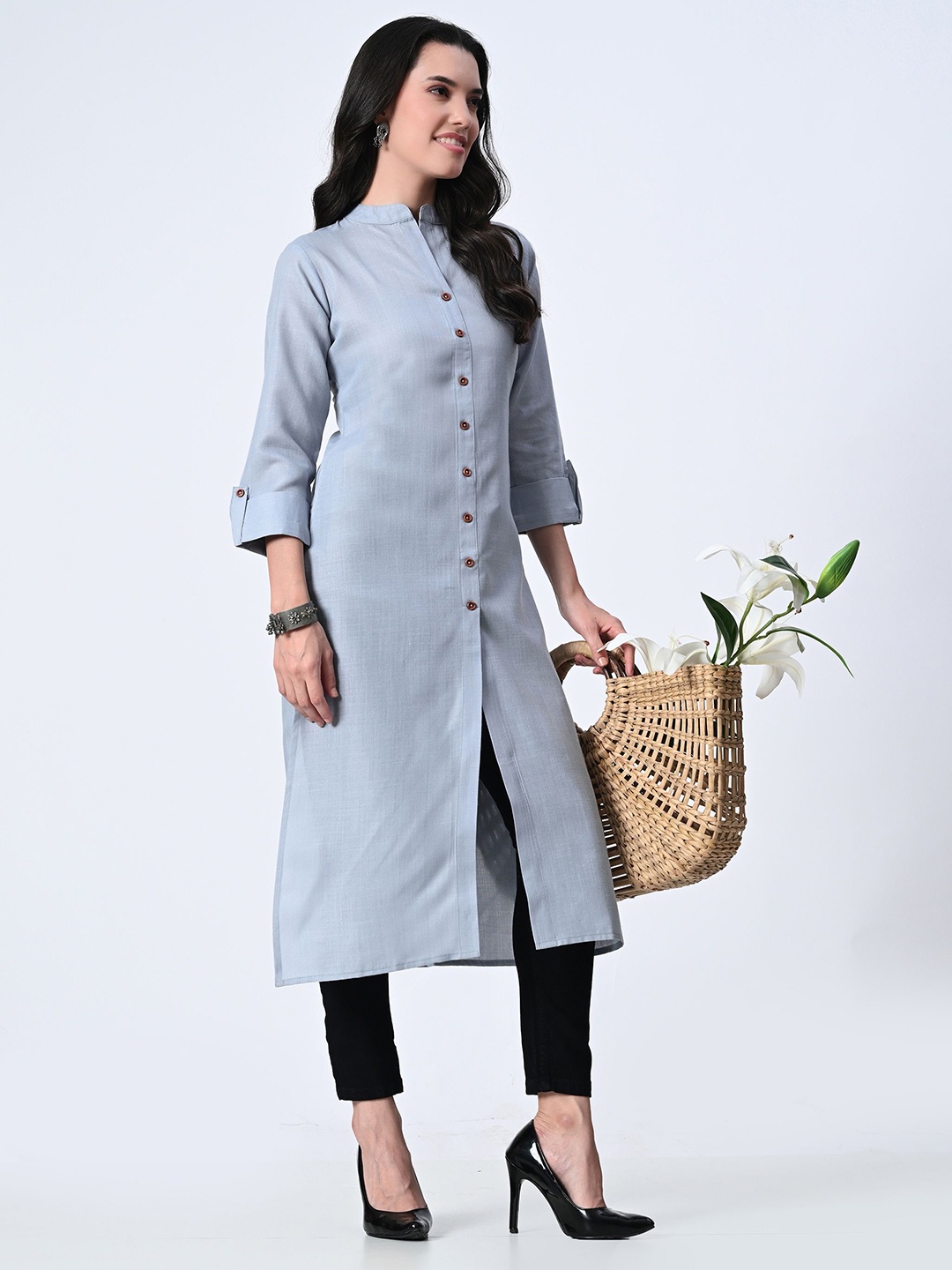 

FRENY FASHION Mandarin Collar A-Line Kurta, Blue