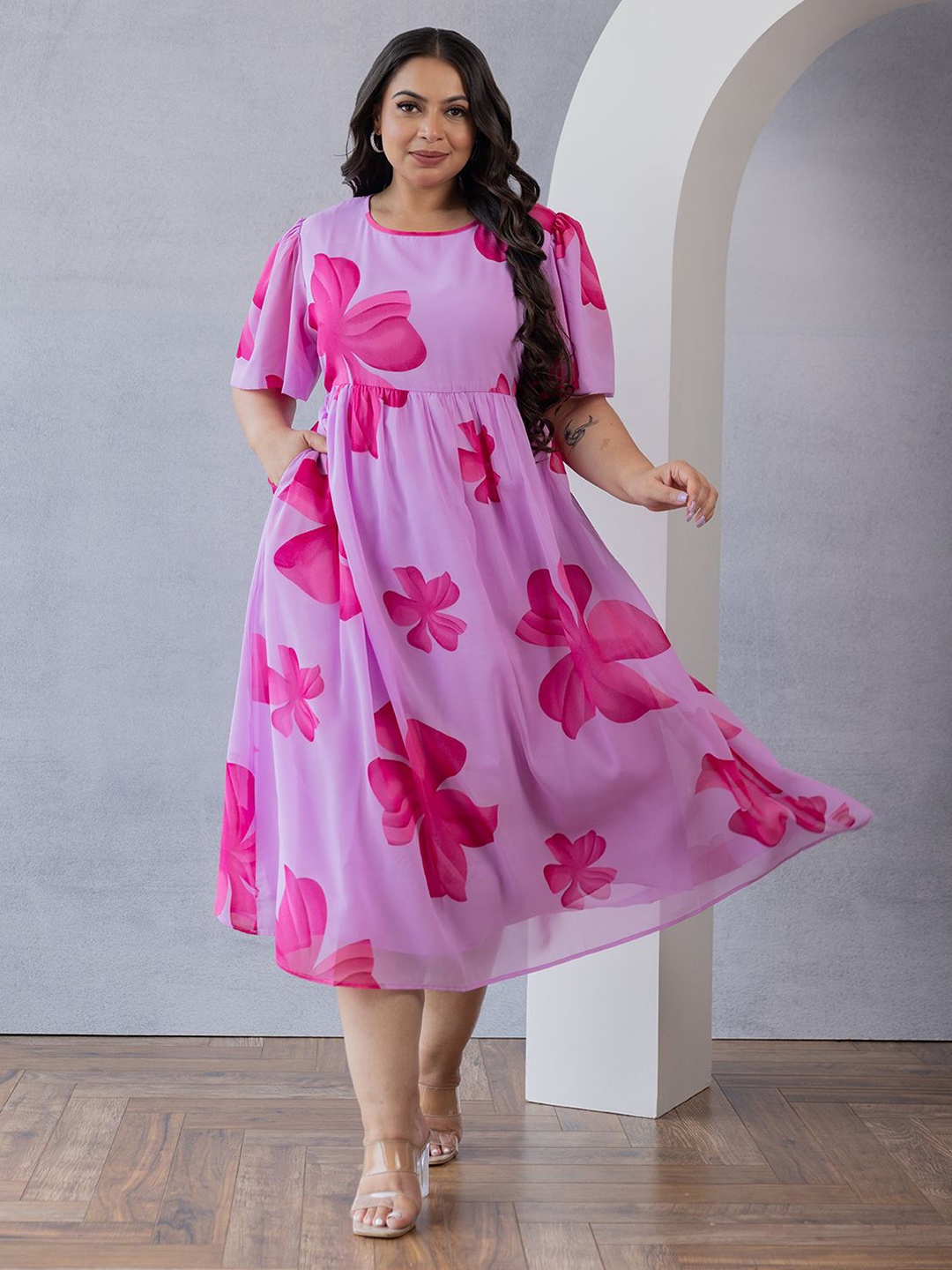 Polago Clothing Women Floral Print Flared Sleeves Fit and Flare Dress, Pink
