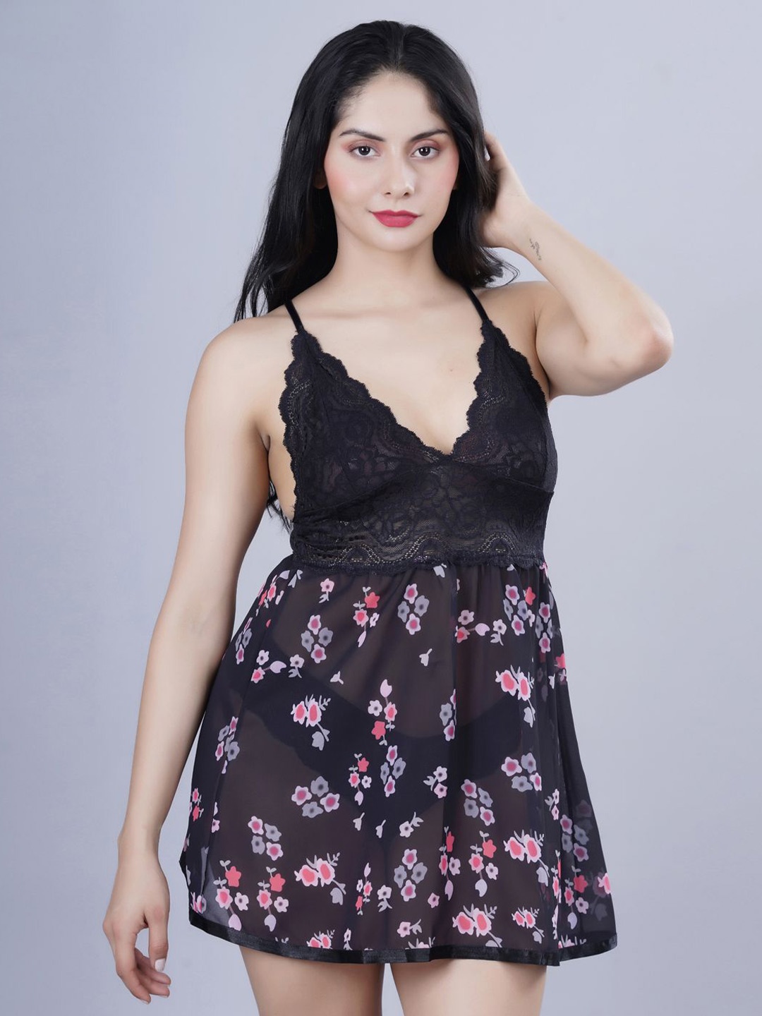 

Broiden Printed Shoulder Straps Baby Doll, Black