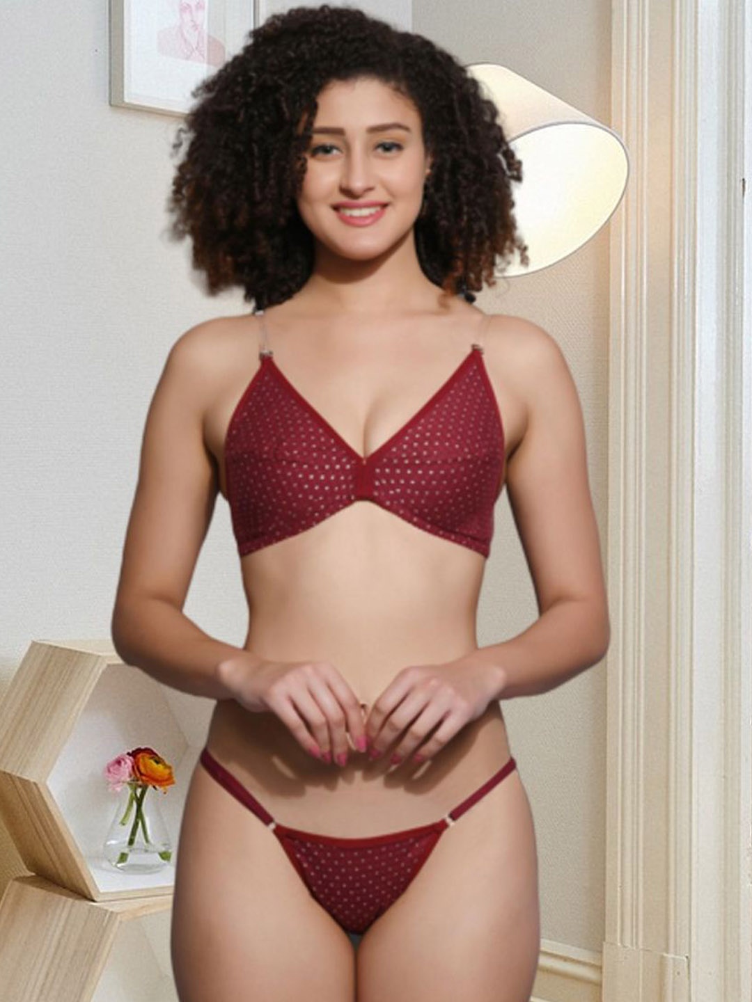 

Fihana Polka Dots Printed Cotton Non Padded Lingerie Set, Maroon