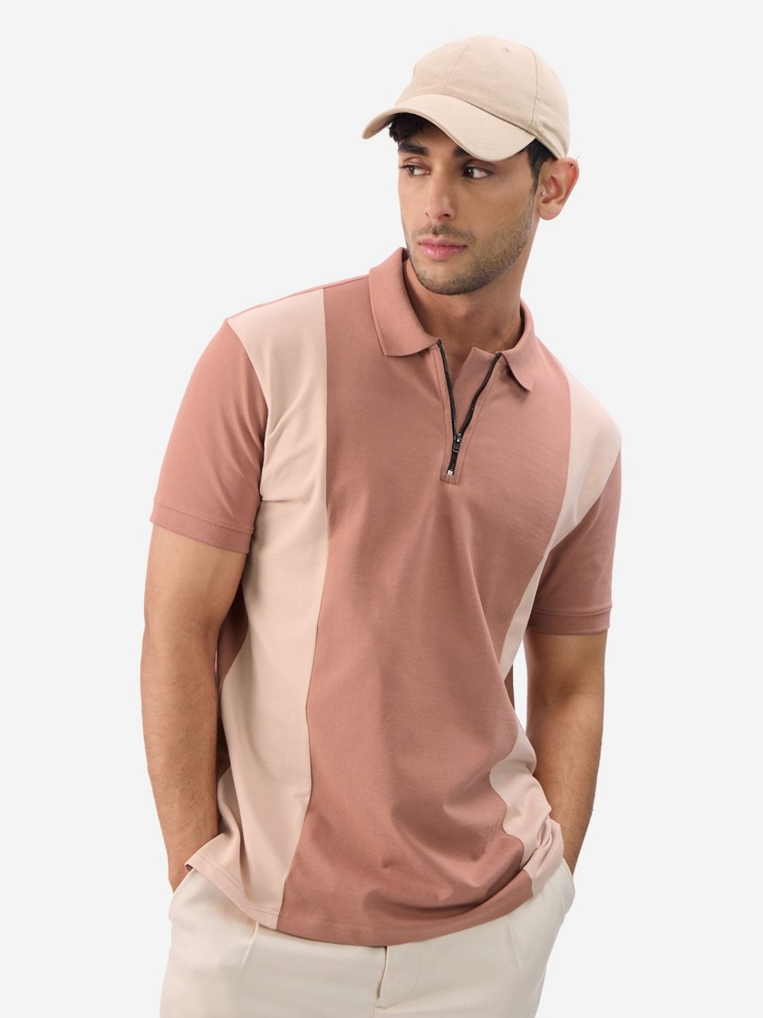

The Souled Store Men Colourblocked Polo Collar Cotton T-Shirt, Peach