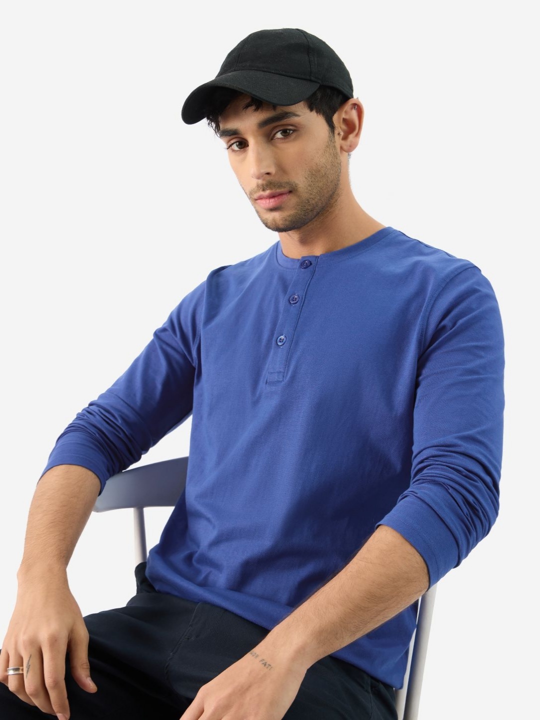 

The Souled Store Men Solid Henley Neck Cotton T-Shirt, Blue