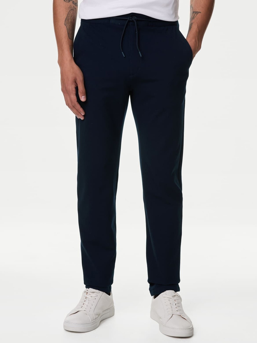 

Marks & Spencer Men Tapered Fit Mid-Rise Flat-Front Trousers, Navy blue