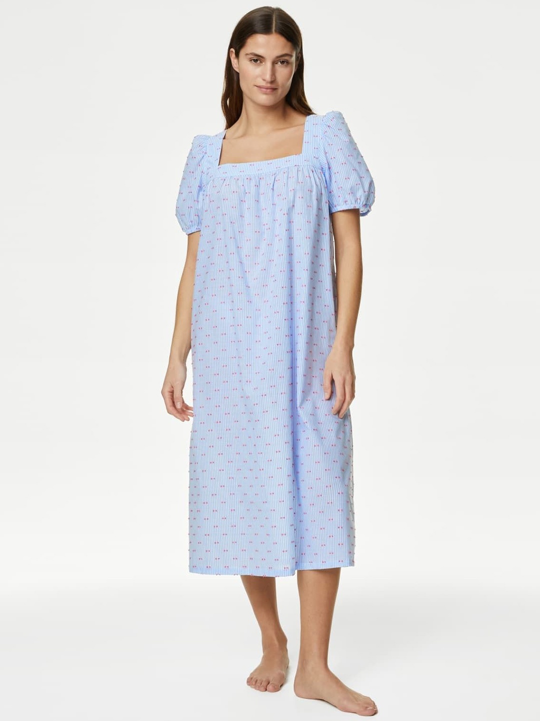 

Marks & Spencer Women Printed Puff Sleeve Pure Cotton Nightdress, Blue