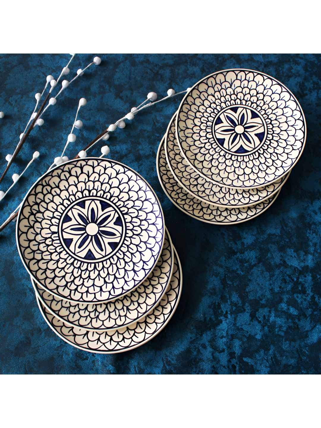 

The Artisan Emporium White & Blue 6 Pieces Printed Microwave Safe Glossy Ceramic Plates
