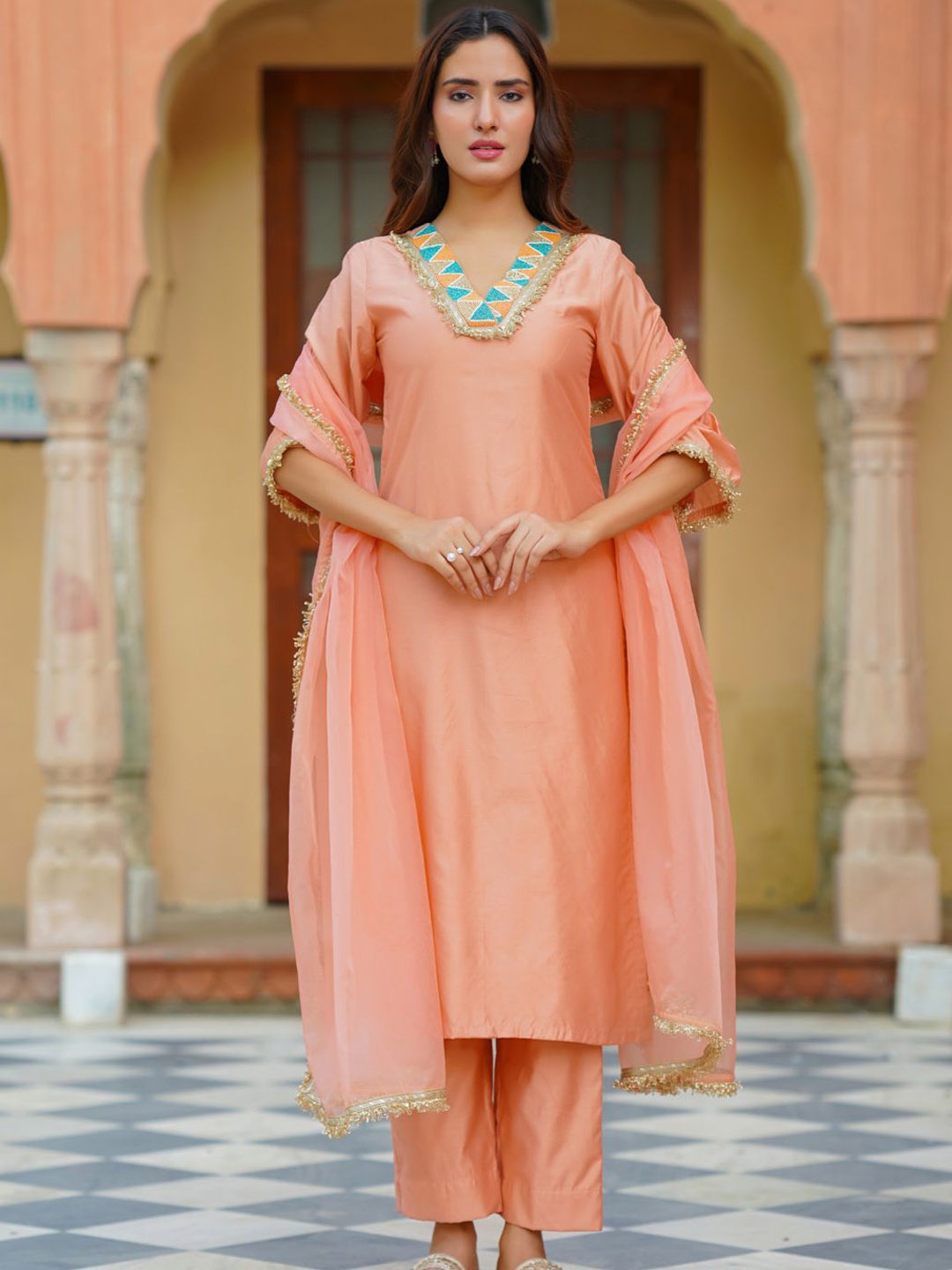 

Ambraee Geometric Yoke Design Regular Beads and Stones Kurta With Trousers & Dupatta, Peach