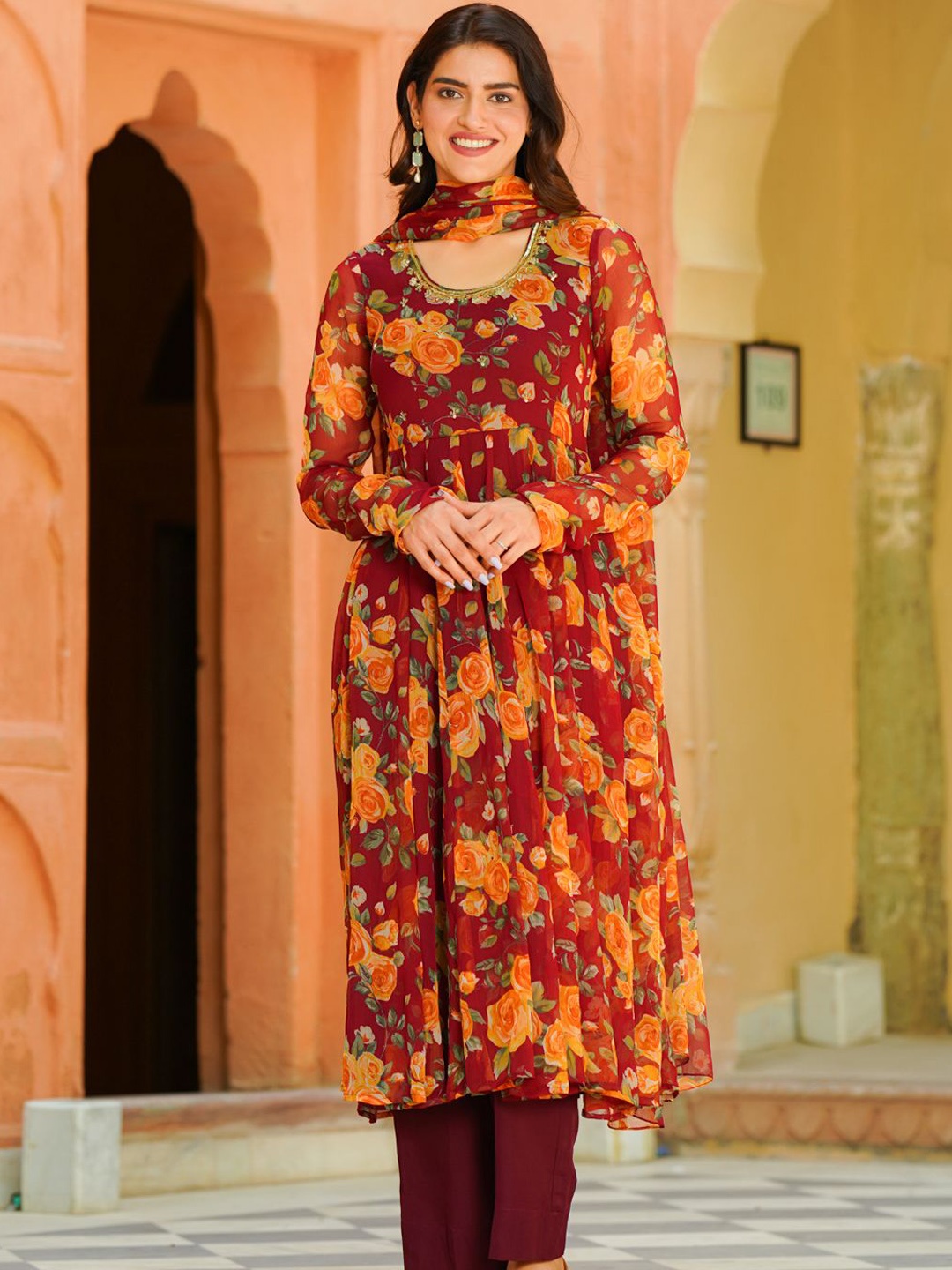 

Ambraee Floral Printed Anarkali Sequinned Kurta With Trousers & Dupatta, Maroon