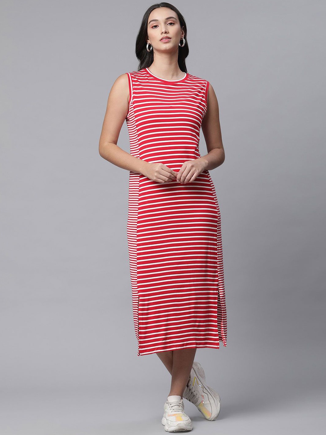 

Global Republic Striped Cotton T-shirt Midi Dress, Red